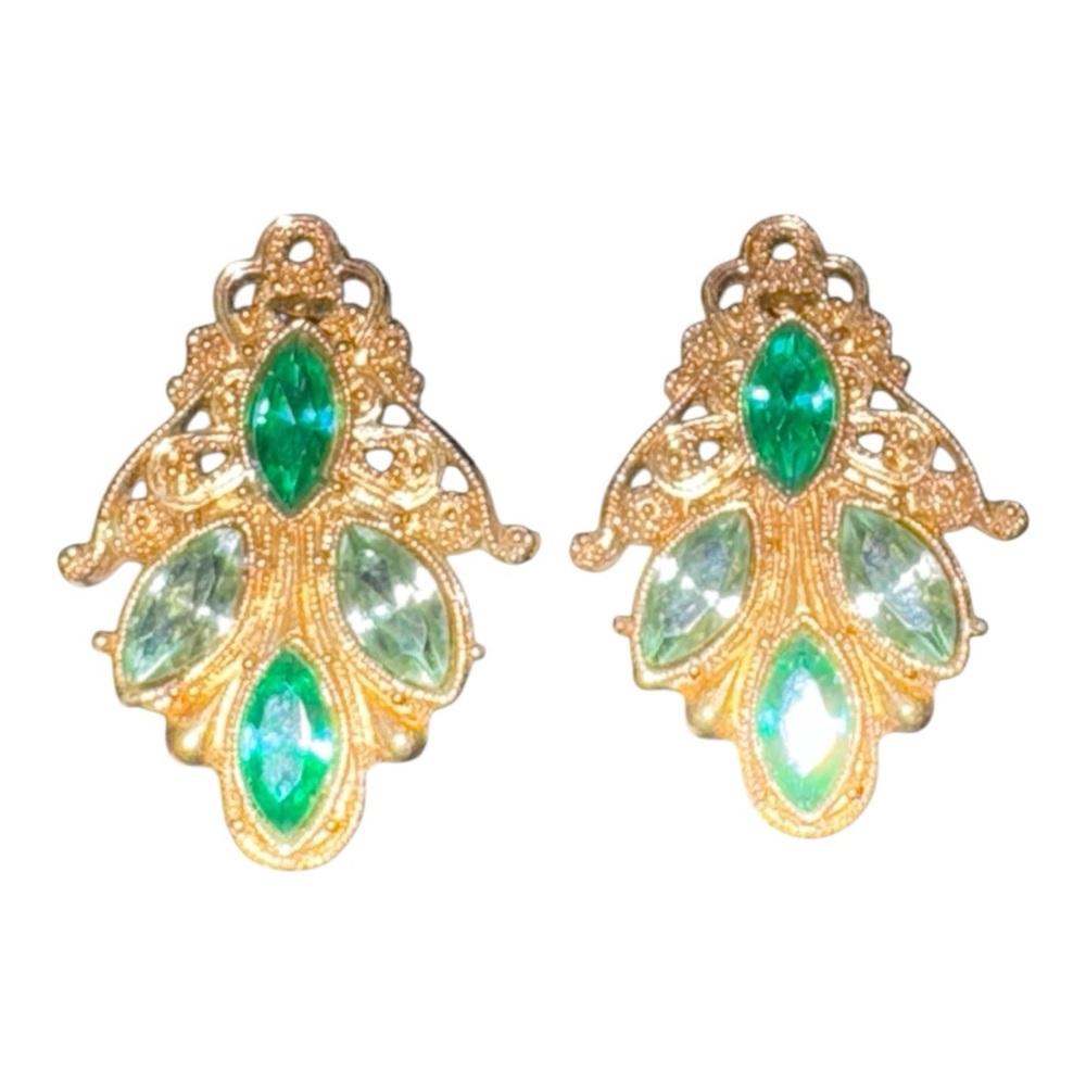 Vintage Filigree Green Crystal Clip-On Earrings Ornate Gold-Tone Design JB7